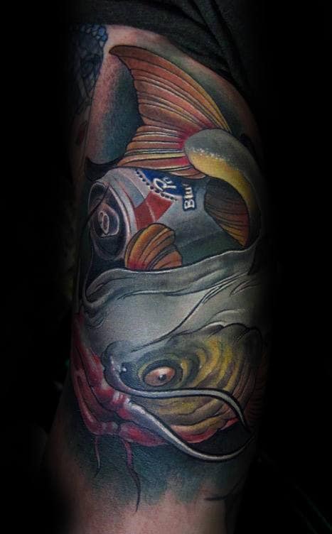 Awesome Male Catfish With Can Half Sleeve Tattoos