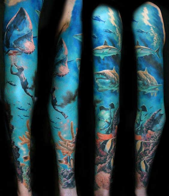 Awesome Male Coral Reef Full Sleeve Tattoos