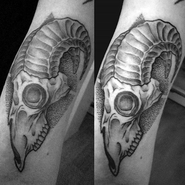 Awesome Male Outer Forearm Tattoo With Goat Skull Design
