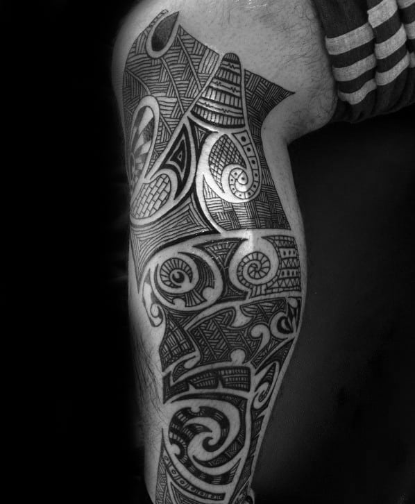 Awesome Male Polynesian Leg Tribal Tattoo Designs