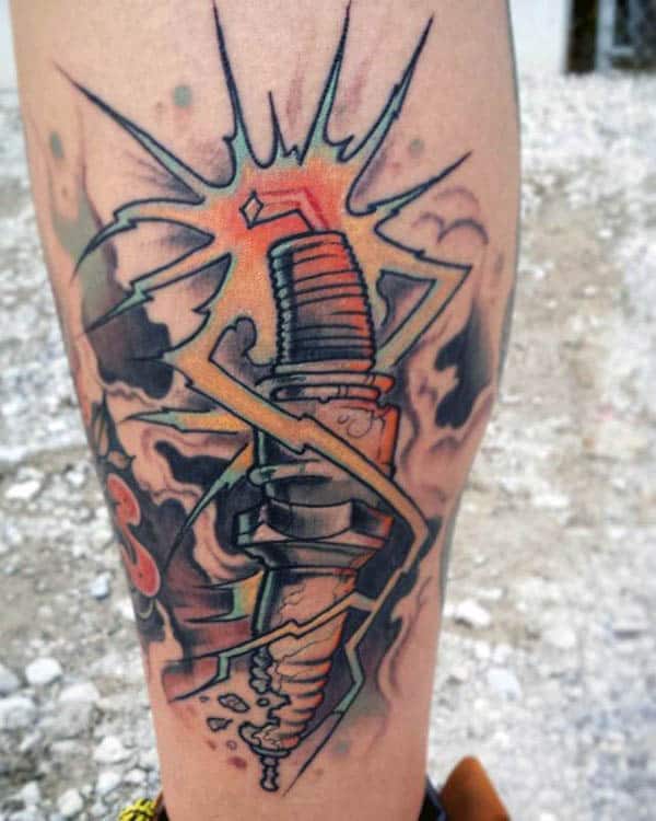 Awesome Male Spark Plug Leg Tattoo.