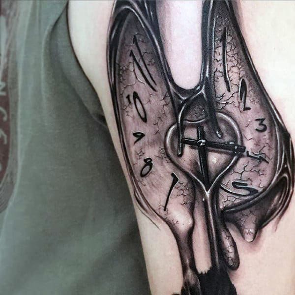 Awesome Melting Clock Male Upper Arm Tattoo Ideas