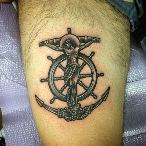 Awesome Mens Anchor Cross Thigh Tattoo Designs