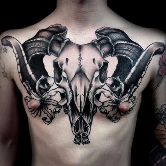 Awesome Mens Animal Skull Chest Tattoo Designs