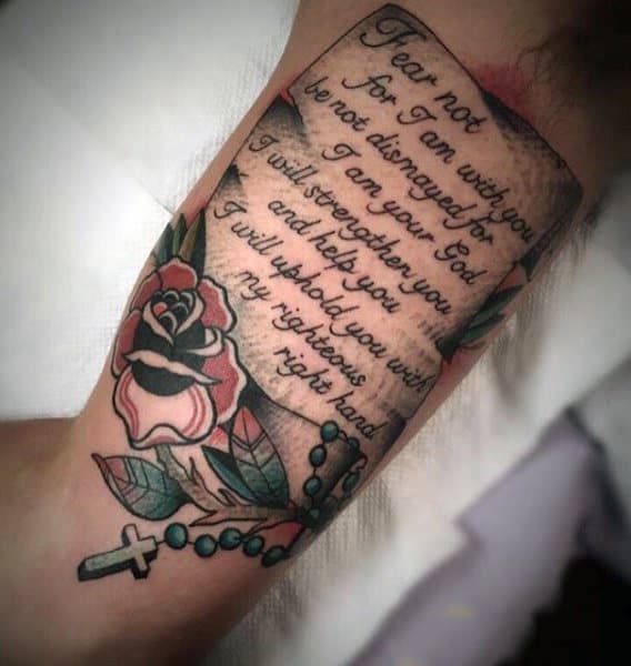 Awesome Mens Bible Quote Tattoos On Bicep With Rosary Beads And Rose Flower