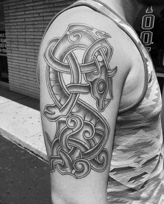 Awesome Mens Black And Grey Ink Shaded Celtic Dragon Tattoo On Arm