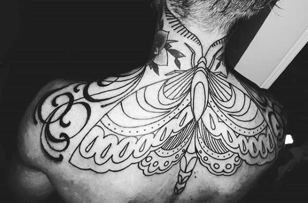 Awesome Mens Black Ink Outline Upper Back Tattoo Of Moth