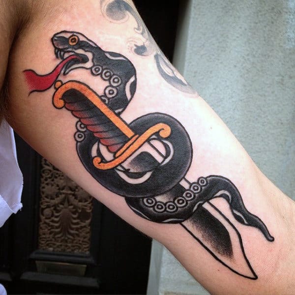 Awesome Mens Black Snake With Dagger Traditional Bicep Tattoos