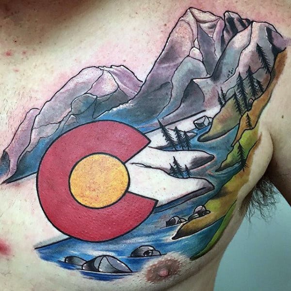 Awesome Mens Colorado Mountains Chest Tattoo With Nature Landscape Design