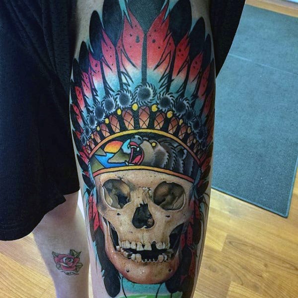 Awesome Mens Colorful Native American Skull Feathers Thigh Tattoo
