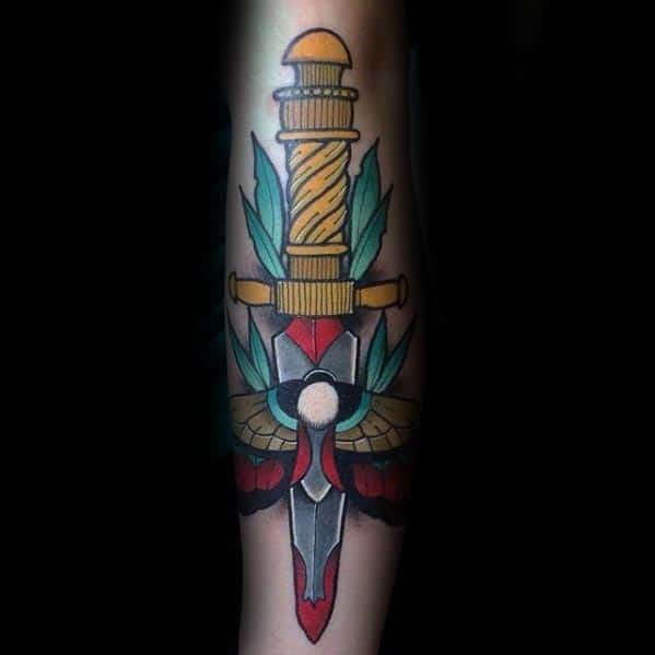 Awesome Mens Dagger Moth Traditional Leg Tattoo Design Ideas