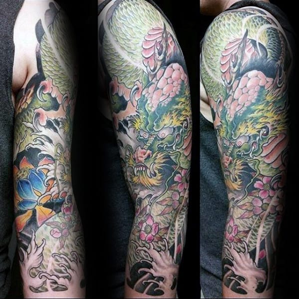 Awesome Mens Floral Japanese Dragon Half Sleeve Tattoo