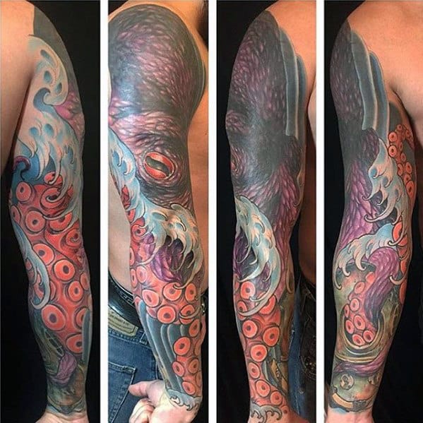 Awesome Mens Full Arm Octopus Sleeve Tattoo Ideas