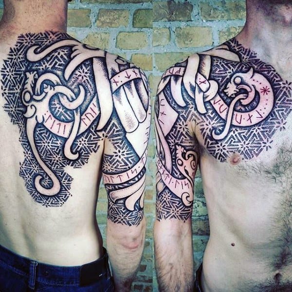 Awesome Mens Half Sleeve And Back Nordic Rune Tattoos