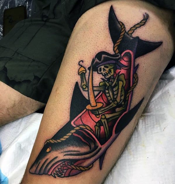 Awesome Mens Manly Traditional Shark And Pirate Tattoo On Thigh
