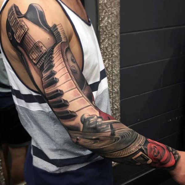 Awesome Mens Masculine Full Arm 3d Music Themed Tattoo Designs