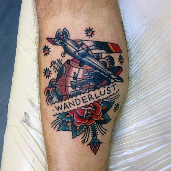 Awesome Mens Old School Traditional Wanderlust Globe And Airplane Leg Tattoo