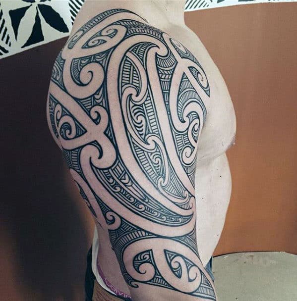 Awesome Mens Polynesian Half Sleeve Tattoo With Tribal Design