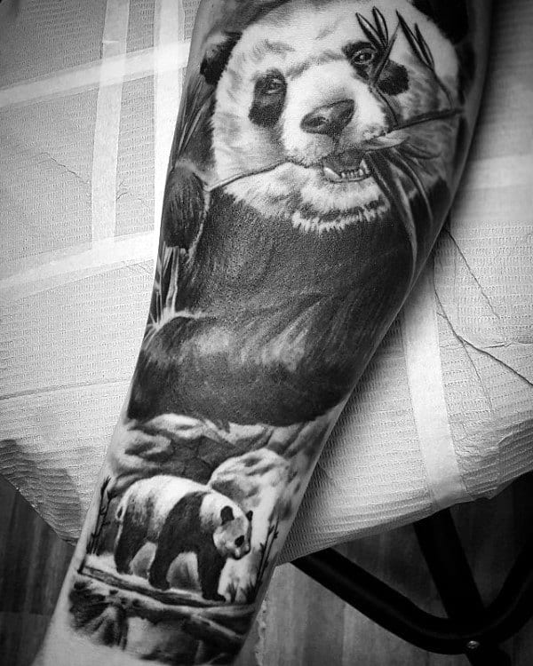 Awesome Mens Realistic Panda Sleeve Tattoos