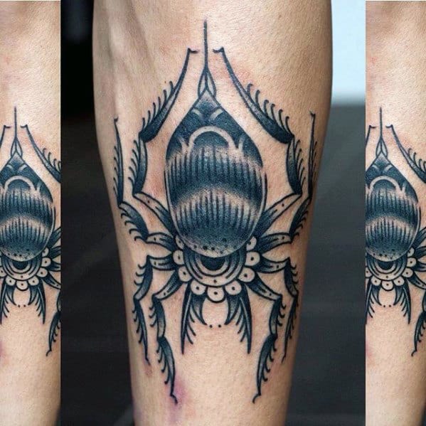 Awesome Mens Retro Traditional Black Ink Shaded Spider Tattoo On Inner Forearm