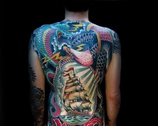 Awesome Mens Traditional Colorful Full Back Tattoo