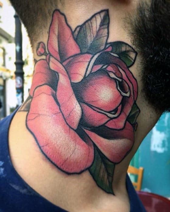 Awesome Mens Traditional Rose Flower Neck Tattoo
