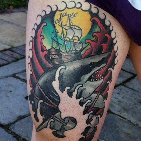 Awesome Mens Traditional Shark Thigh Tattoos