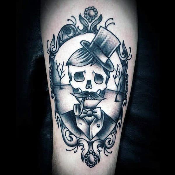 Awesome Mens Traditional Skull With Top Hat And Pipe Picture Frame Tattoo Design