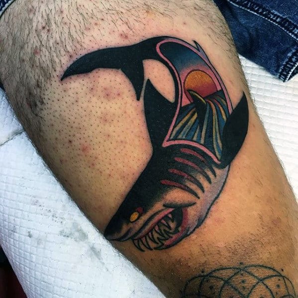 Awesome Mens Traditional Thigh Shark Tattoos