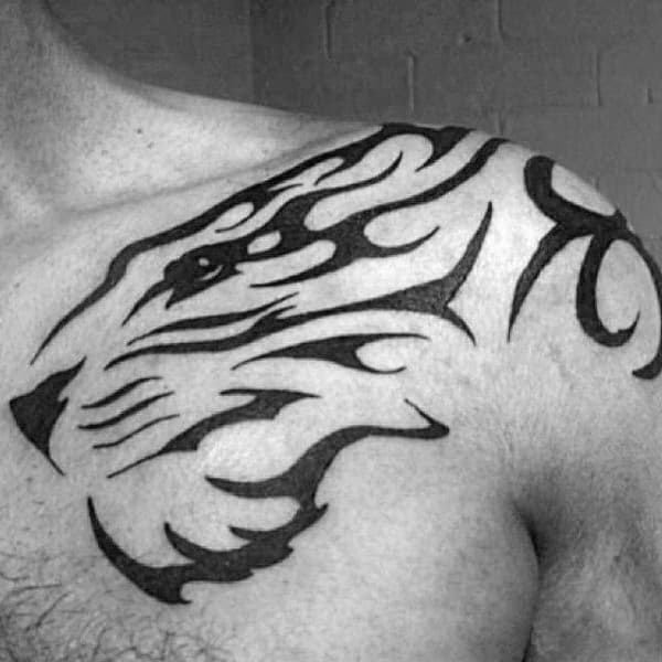 Awesome Mens Tribal Tiger Shoulder Tattoos