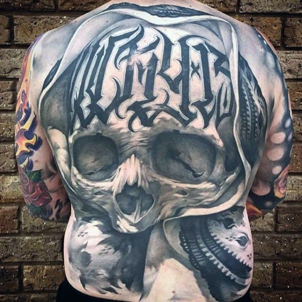 Awesome Mens Unique Back Skull Lettering Tattoos