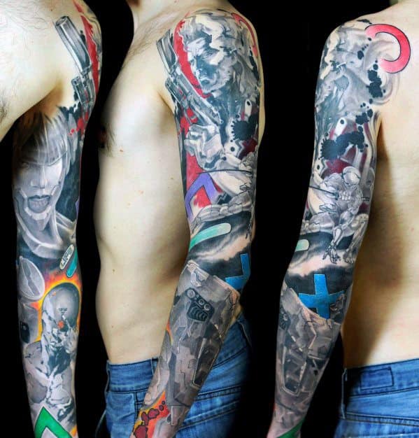 Awesome Metal Gear Video Game Themed Sleeve Tattoos For Men