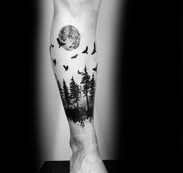 Awesome Moon Forest Tree Leg Tattoos For Men