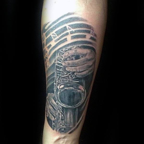Awesome Music Staff Saxophone Inner Forearm Tattoos For Men