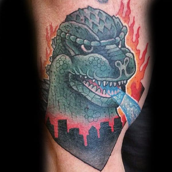 Awesome Neo Traditional Godzilla Destroying City Tattoo On Males Arm