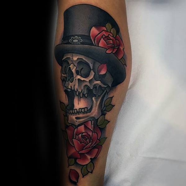 awesome-neo-traditional-rose-flower-skull-with-top-hat-tattoos-for-men-on-leg