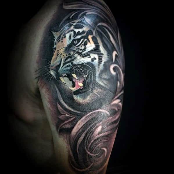 Awesome Ornate Roaring Tiger Arm Tattoos For Men