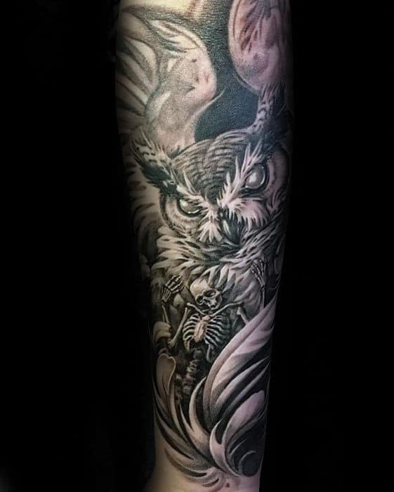 Forearm tattoo of an owl with a sugar skull on the... - Official Tumblr  page for Tattoofilter for Men and Women