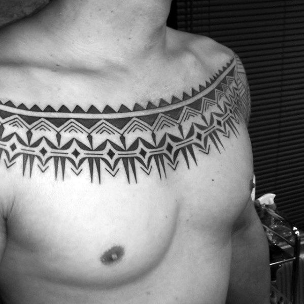 Awesome Pattern Upper Chest Tribal Tattoo Designs For Men