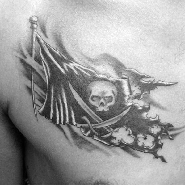 Awesome Pirate Flag Male Upper Chest Tattoos
