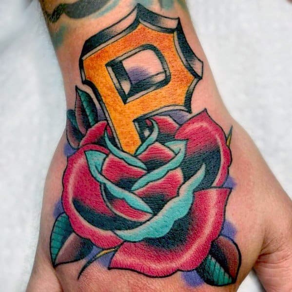 Awesome Pittsburgh Pirates Logo Rose Flower Hand Tattoos For Men