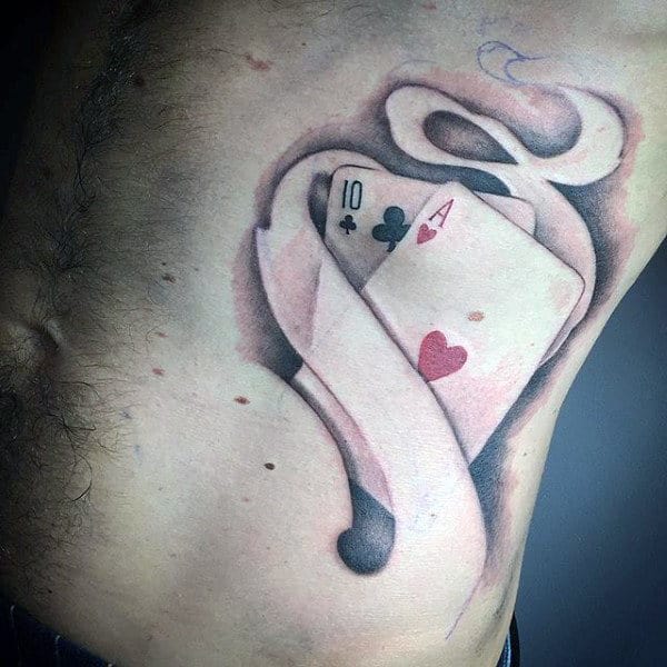 Awesome Playing Card Blackjack Rib Cage Tattoo On Male