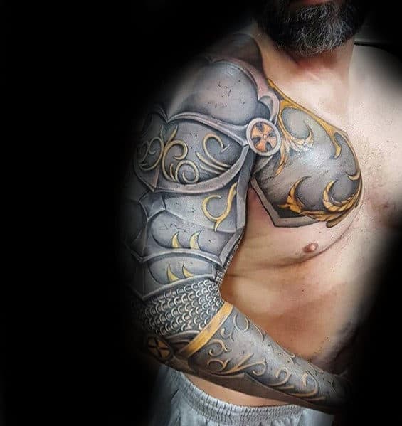 Awesome Realistic 3d Mens Battle Armor Full Sleeve Tattoos