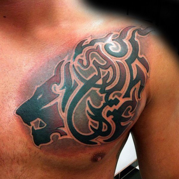 Awesome Red And Black Ink Lion Head Animal Tribal Tattoos For Men On Chest
