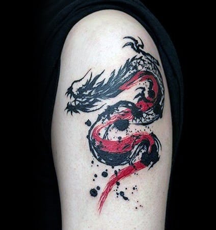 Awesome Red And Black Watercolor Dragon Arm Tattoos For Men
