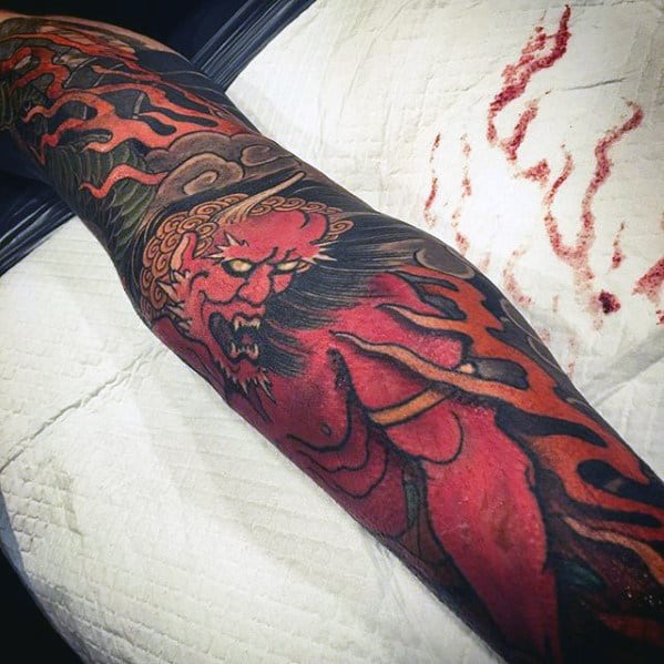 Awesome Red Ink Oni Japanese Demon Sleeve Tattoos For Men