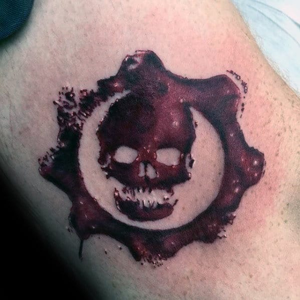 Awesome Red Watercolor Gears Of War Male Arm Tattoos.