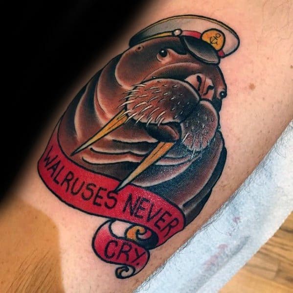 Awesome Retro Old School Forearm Walrus Tattoos For Men