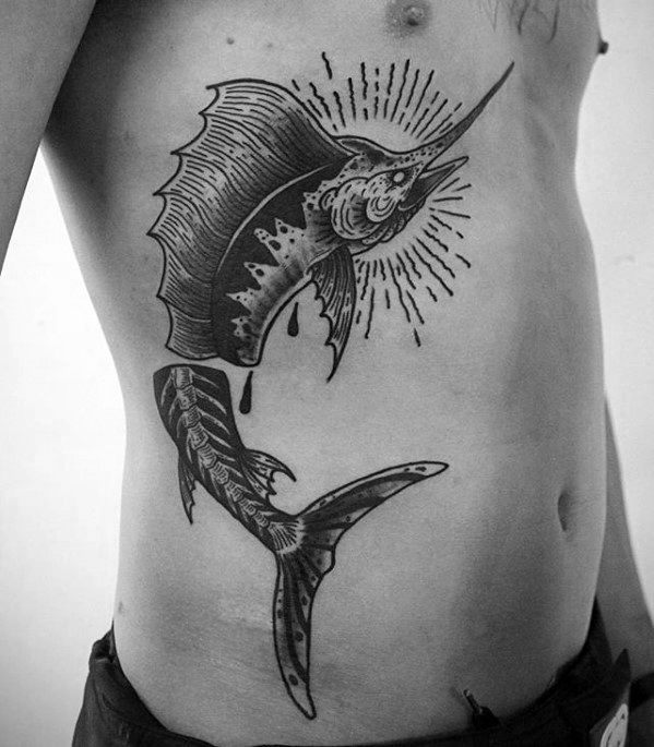 Awesome Rib Cage Side Of Body Swordfish Tattoos For Men