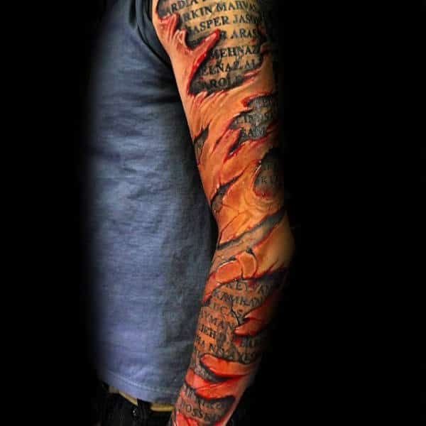 Awesome Ripped Skin Quote Mens Modern 3d Full Arm Sleeve Tattoo Design Ideas
